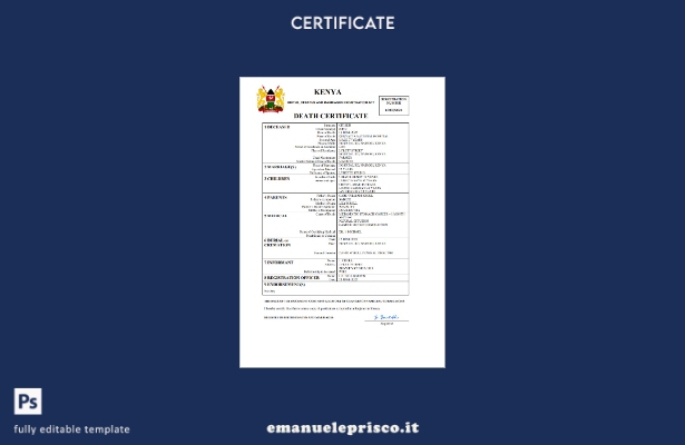 stile verificato Certificato di morte del documento di stato civile del Kenya Mo